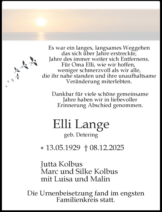 Traueranzeige von Elli Lange von Neue Westfälische und Westfalen-Blatt
