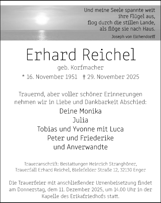 Traueranzeige von Erhard Reichel von Neue Westfälische und Westfalen-Blatt