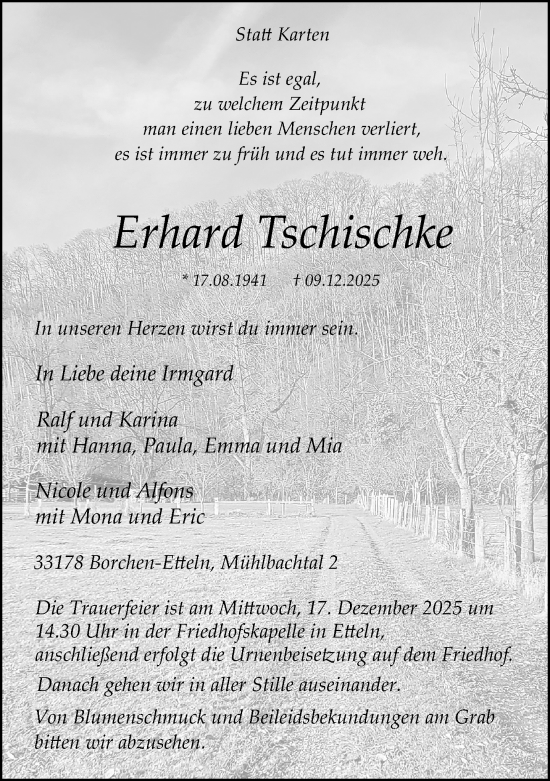 Traueranzeige von Erhard Tschischke von Neue Westfälische und Westfalen-Blatt