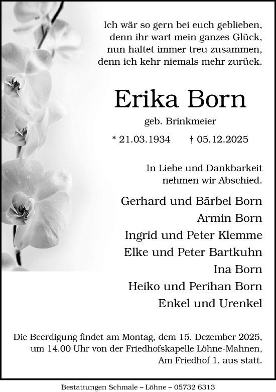 Traueranzeige von Erika Born von Neue Westfälische und Westfalen-Blatt