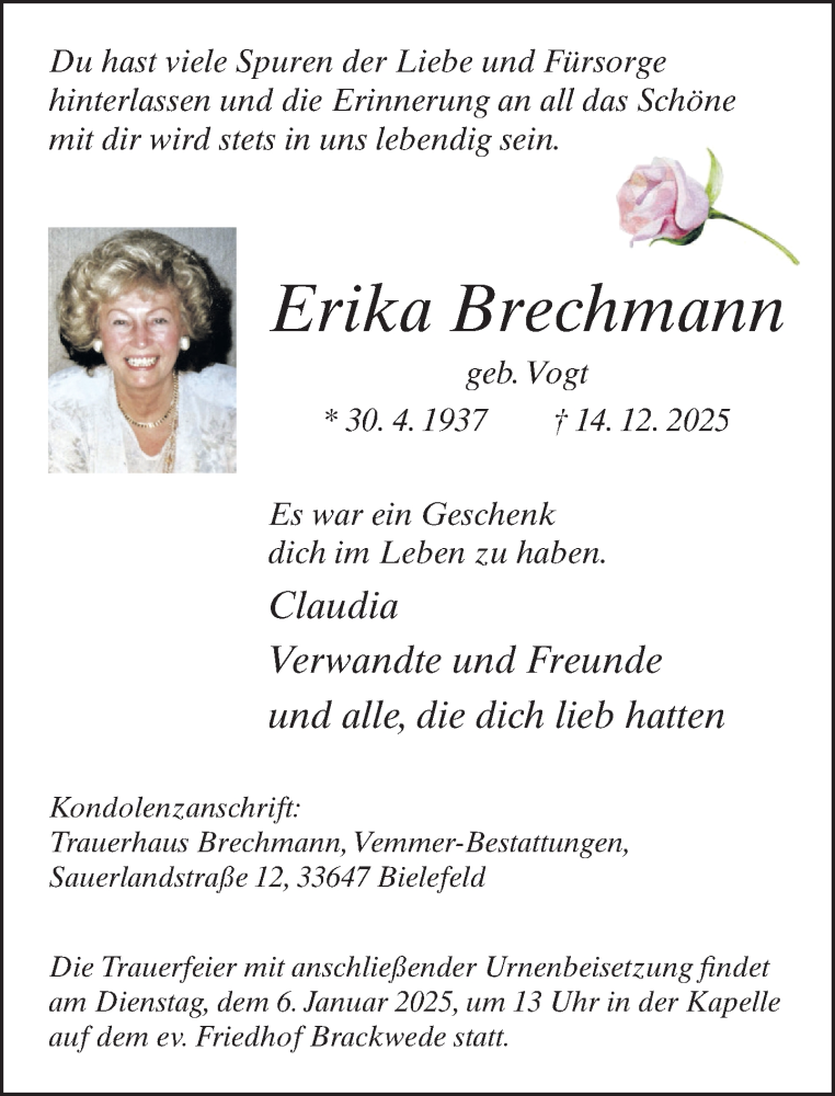  Traueranzeige für Erika Brechmann vom 27.12.2025 aus Neue Westfälische und Westfalen-Blatt