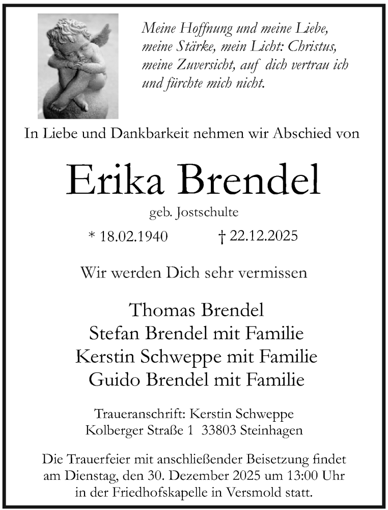  Traueranzeige für Erika Brendel vom 27.12.2025 aus Neue Westfälische und Westfalen-Blatt