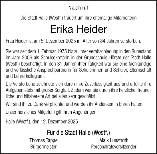 Traueranzeige von Erika Heider von Neue Westfälische und Westfalen-Blatt