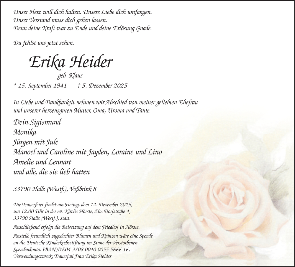  Traueranzeige für Erika Heider vom 10.12.2025 aus Neue Westfälische und Westfalen-Blatt