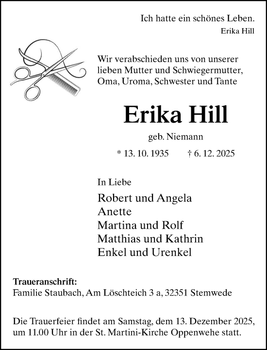 Traueranzeige von Erika Hill von Neue Westfälische und Westfalen-Blatt