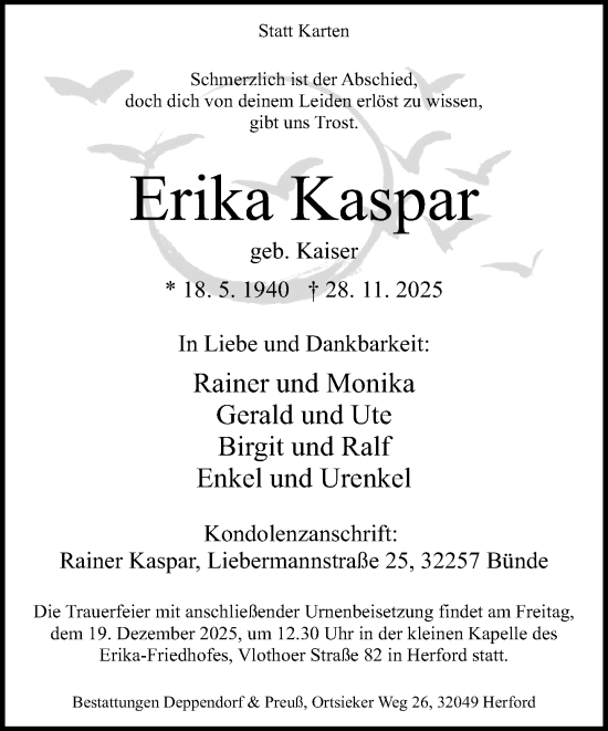 Traueranzeige von Erika Kaspar von Neue Westfälische und Westfalen-Blatt