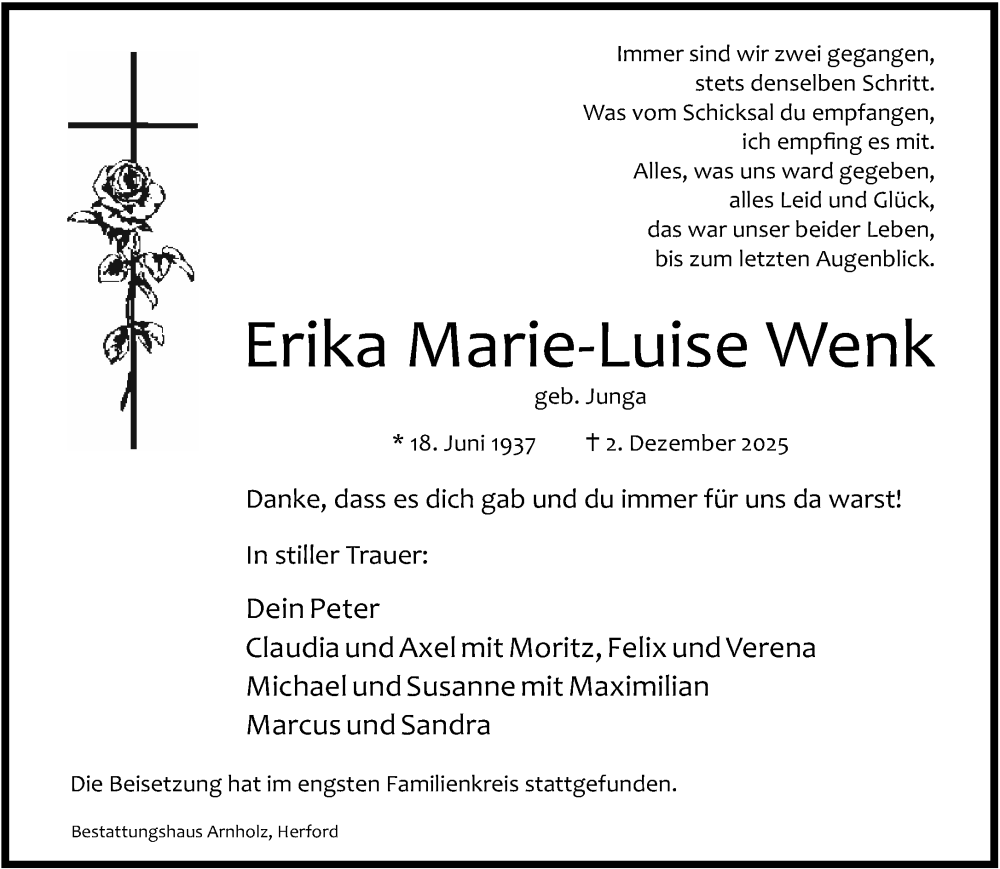  Traueranzeige für Erika Marie-Luise Wenk vom 20.12.2025 aus Neue Westfälische und Westfalen-Blatt