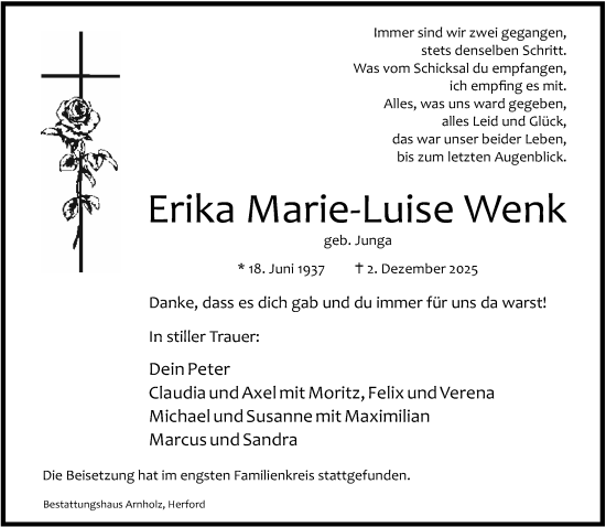 Traueranzeige von Erika Marie-Luise Wenk von Neue Westfälische und Westfalen-Blatt