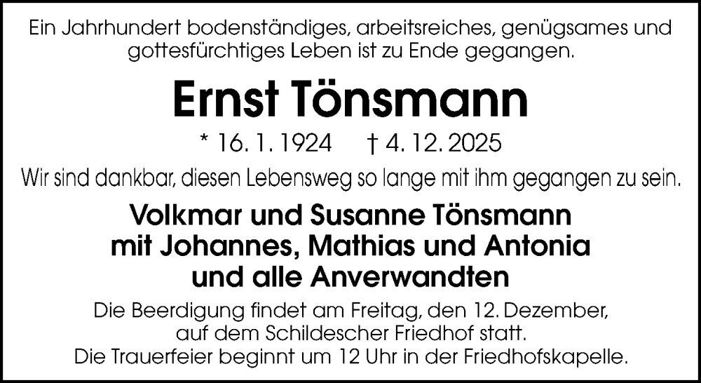  Traueranzeige für Ernst Tönsmann vom 10.12.2025 aus Neue Westfälische und Westfalen-Blatt