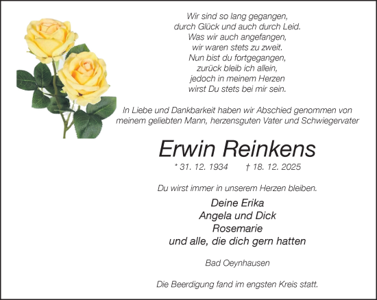 Traueranzeige von Erwin Reinkens von Neue Westfälische und Westfalen-Blatt