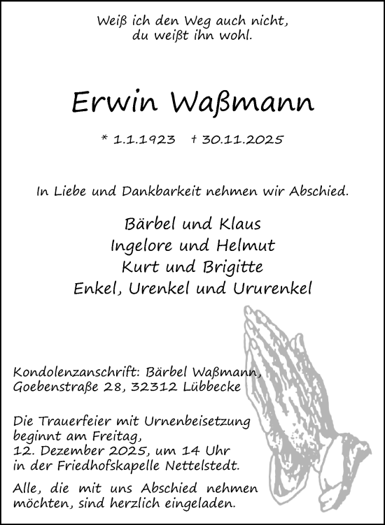 Traueranzeige von Erwin Waßmann von Neue Westfälische und Westfalen-Blatt