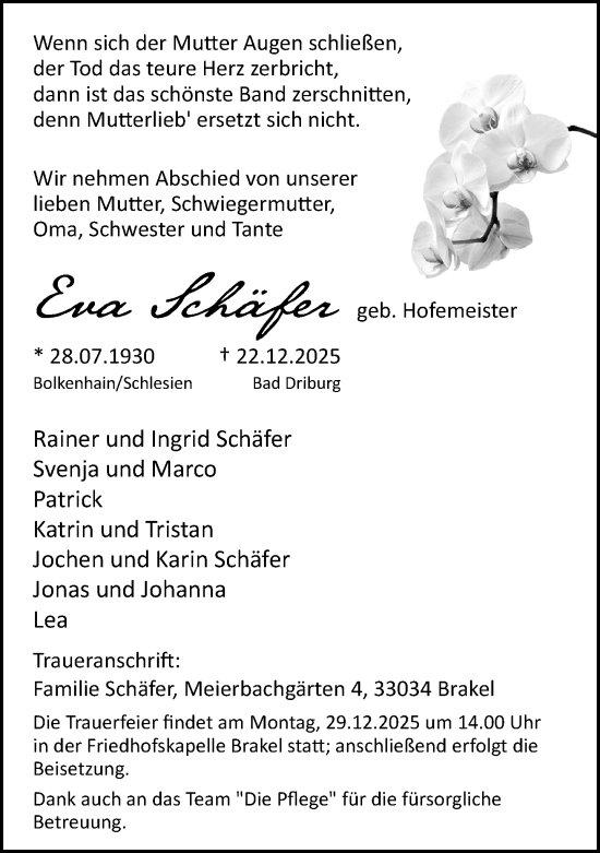 Traueranzeige von Eva Schäfer von Neue Westfälische und Westfalen-Blatt