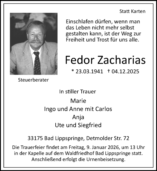 Traueranzeige von Fedor Zacharias von Neue Westfälische und Westfalen-Blatt