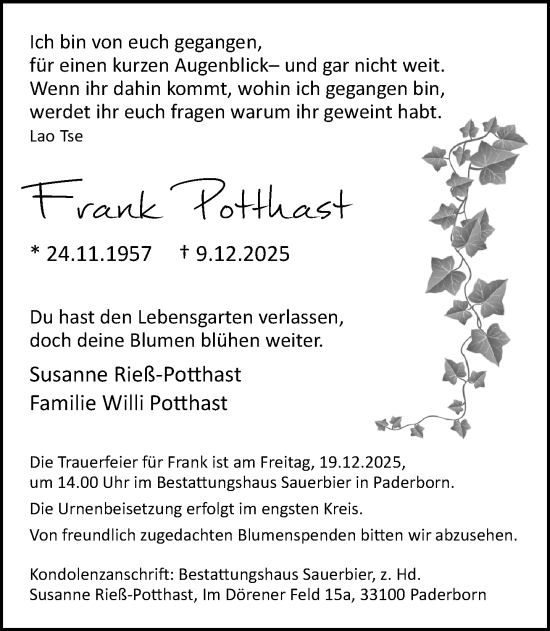 Traueranzeige von Frank Potthast von Neue Westfälische und Westfalen-Blatt