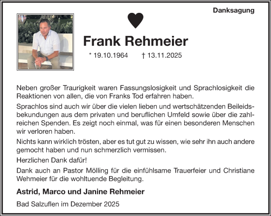 Traueranzeige von Frank Rehmeier von Neue Westfälische und Westfalen-Blatt