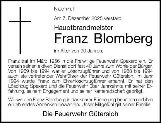 Traueranzeige von Franz Blomberg von Neue Westfälische und Westfalen-Blatt