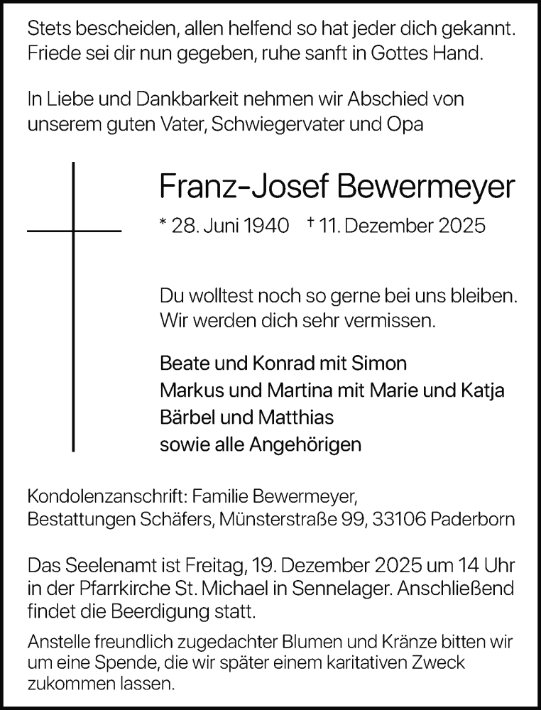  Traueranzeige für Franz-Josef Bewermeyer vom 13.12.2025 aus Neue Westfälische und Westfalen-Blatt