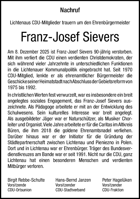 Traueranzeige von Franz-Josef Sievers von Neue Westfälische und Westfalen-Blatt