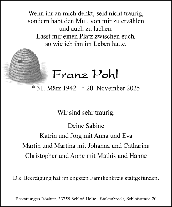 Traueranzeige von Franz Pohl von Neue Westfälische und Westfalen-Blatt