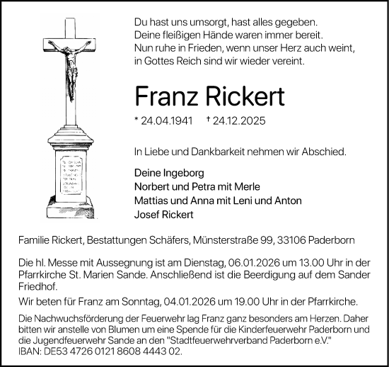 Traueranzeige von Franz Rickert von Neue Westfälische und Westfalen-Blatt