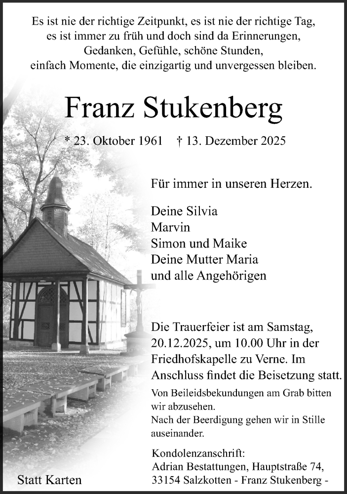  Traueranzeige für Franz Stukenberg vom 17.12.2025 aus Neue Westfälische und Westfalen-Blatt