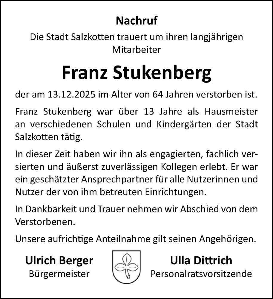  Traueranzeige für Franz Stukenberg vom 20.12.2025 aus Neue Westfälische und Westfalen-Blatt