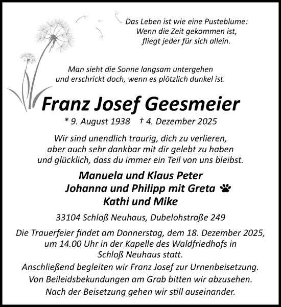 Traueranzeige von Franz Josef Geesmeier von Neue Westfälische und Westfalen-Blatt