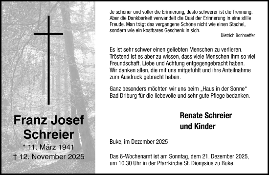 Traueranzeige von Franz Josef Schreier von Neue Westfälische und Westfalen-Blatt