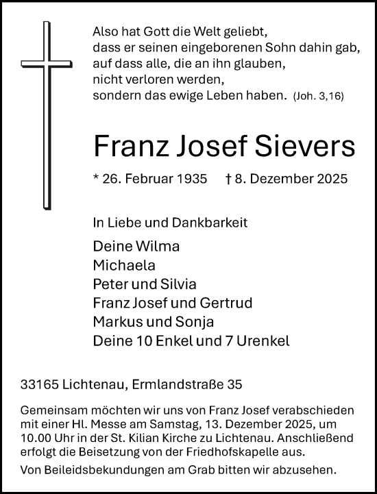 Traueranzeige von Franz Josef Sievers von Neue Westfälische und Westfalen-Blatt