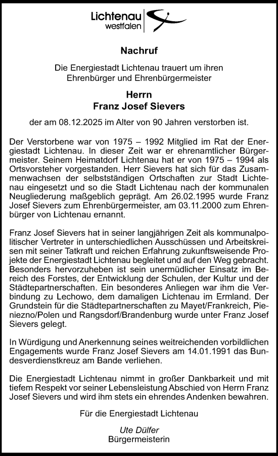Traueranzeige von Franz Josef Sievers von Neue Westfälische und Westfalen-Blatt