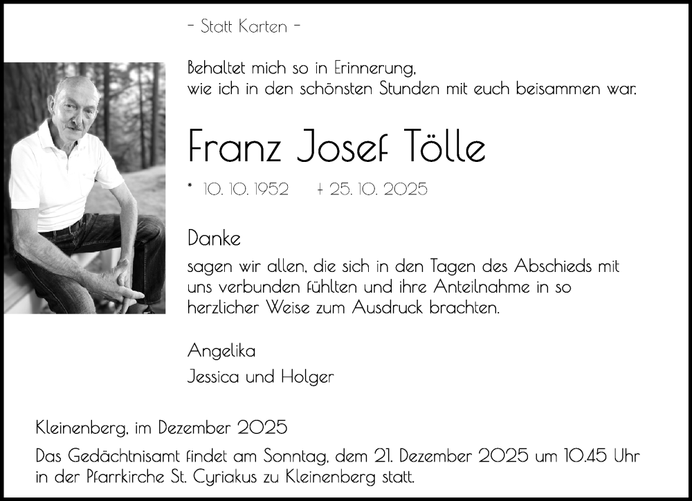  Traueranzeige für Franz Josef Tölle vom 12.12.2025 aus Neue Westfälische und Westfalen-Blatt