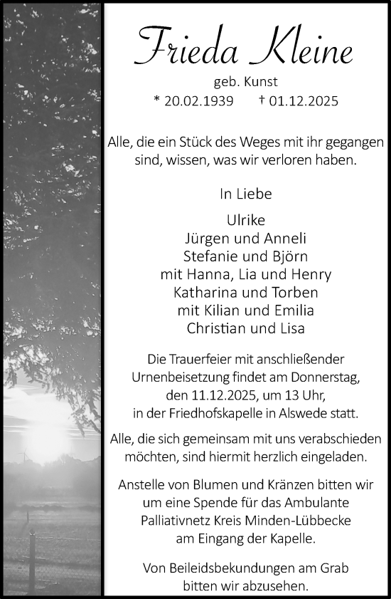 Traueranzeige von Frieda Kleine von Neue Westfälische und Westfalen-Blatt