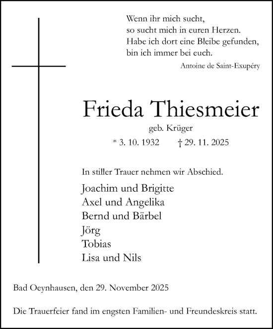Traueranzeige von Frieda Thiesmeier von Neue Westfälische und Westfalen-Blatt