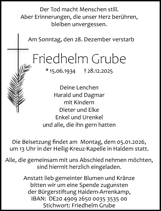 Traueranzeige von Friedhelm Grube von Neue Westfälische und Westfalen-Blatt
