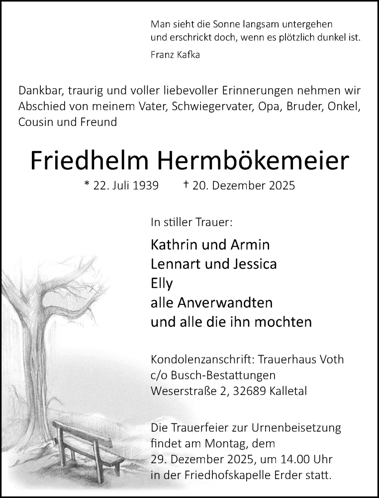 Traueranzeige für Friedhelm Hermbökemeier vom 27.12.2025 aus Neue Westfälische und Westfalen-Blatt