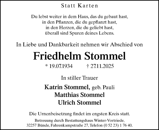 Traueranzeige von Friedhelm Stommel von Neue Westfälische und Westfalen-Blatt