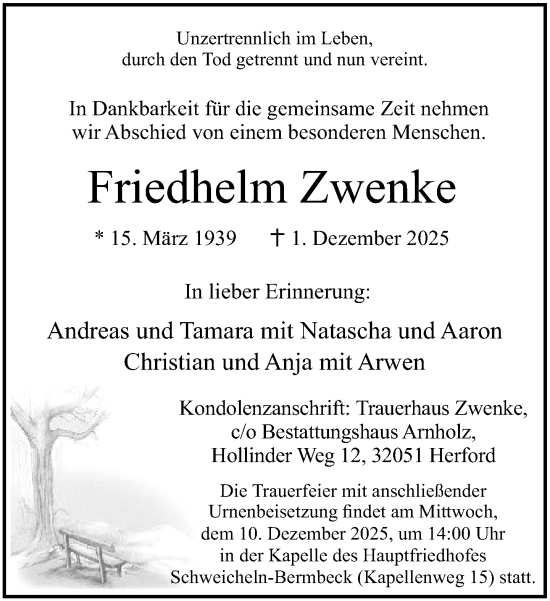 Traueranzeige von Friedhelm Zwenke von Neue Westfälische und Westfalen-Blatt