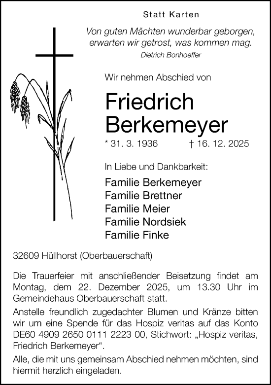 Traueranzeige von Friedrich Berkemeyer von Neue Westfälische und Westfalen-Blatt