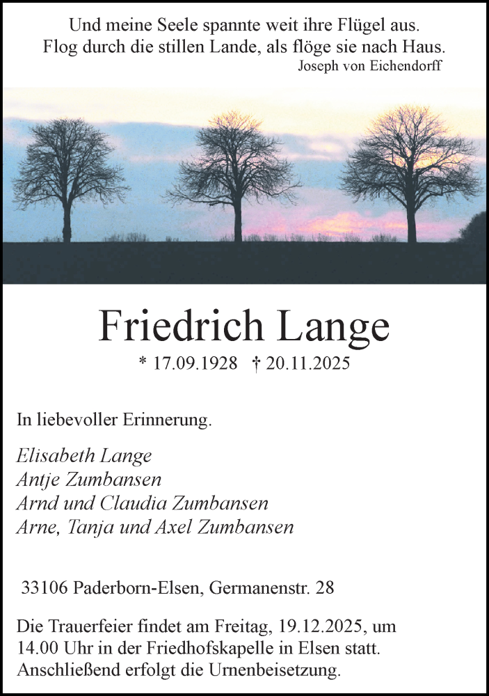  Traueranzeige für Friedrich Lange vom 06.12.2025 aus Neue Westfälische und Westfalen-Blatt