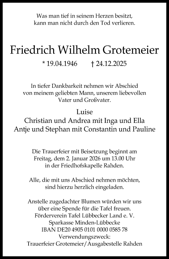 Traueranzeige von Friedrich Wilhelm Grotemeier von Neue Westfälische und Westfalen-Blatt
