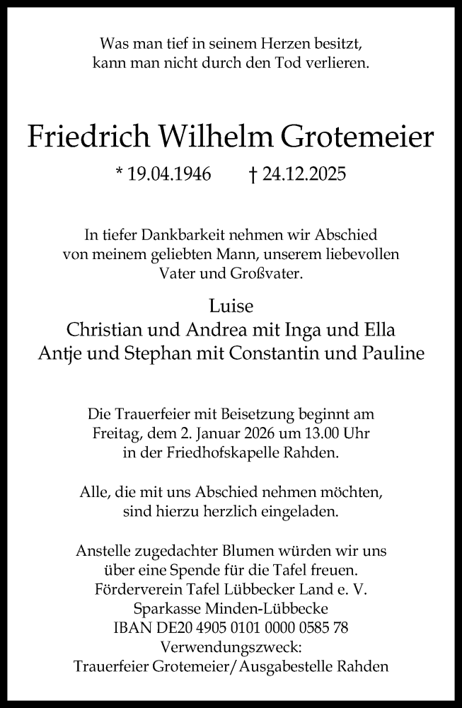  Traueranzeige für Friedrich Wilhelm Grotemeier vom 30.12.2025 aus Neue Westfälische und Westfalen-Blatt