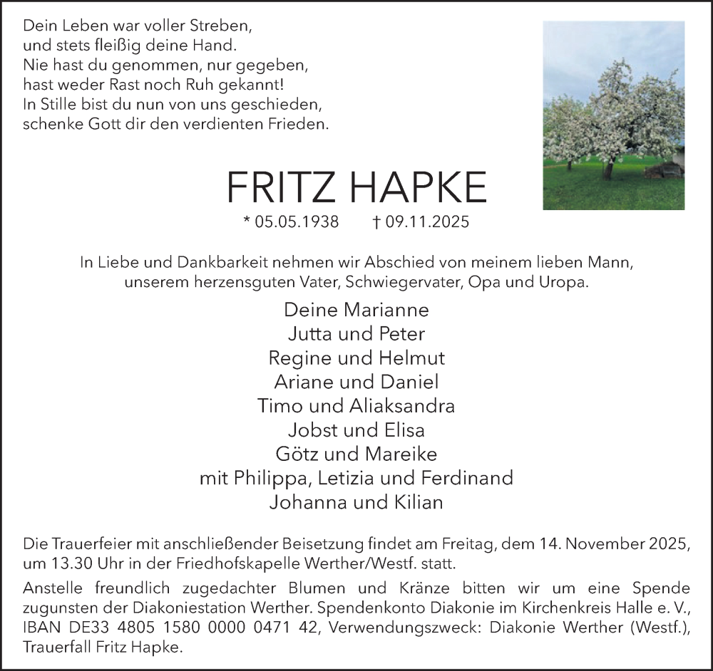  Traueranzeige für Fritz Hapke vom 12.11.2025 aus Neue Westfälische und Westfalen-Blatt