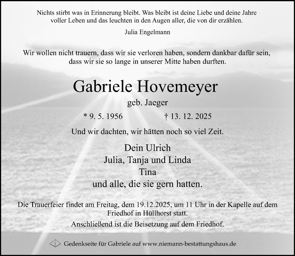  Traueranzeige für Gabriele Hovemeyer vom 17.12.2025 aus Neue Westfälische und Westfalen-Blatt