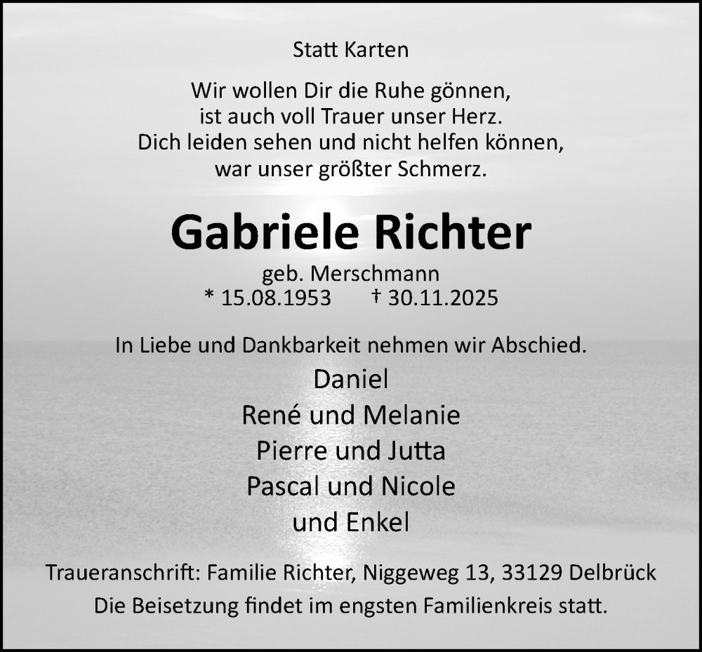  Traueranzeige für Gabriele Richter vom 06.12.2025 aus Neue Westfälische und Westfalen-Blatt