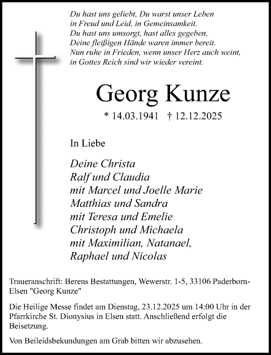 Traueranzeige von Georg Kunze von Neue Westfälische und Westfalen-Blatt