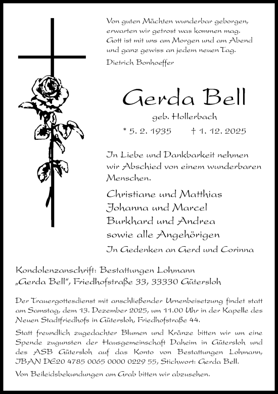 Traueranzeige von Gerda Bell von Neue Westfälische und Westfalen-Blatt