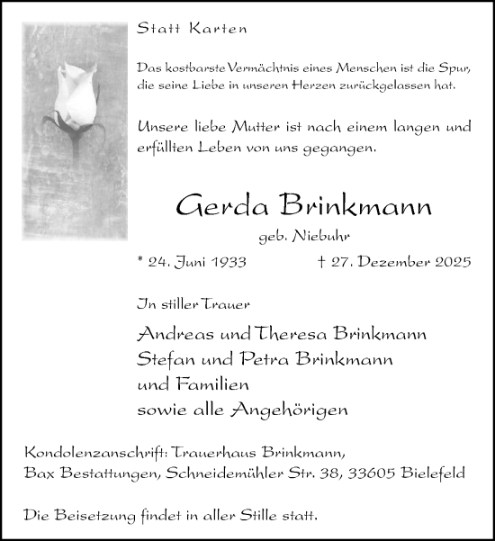 Traueranzeige von Gerda Brinkmann von Neue Westfälische und Westfalen-Blatt