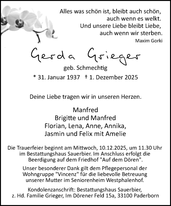 Traueranzeige von Gerda Grieger von Neue Westfälische und Westfalen-Blatt