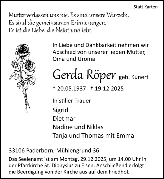 Traueranzeige von Gerda Röper von Neue Westfälische und Westfalen-Blatt