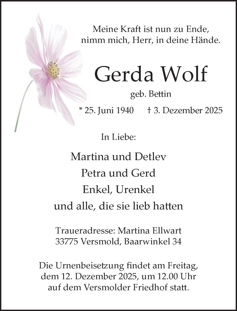  Traueranzeige für Gerda Wolf vom 10.12.2025 aus Neue Westfälische und Westfalen-Blatt